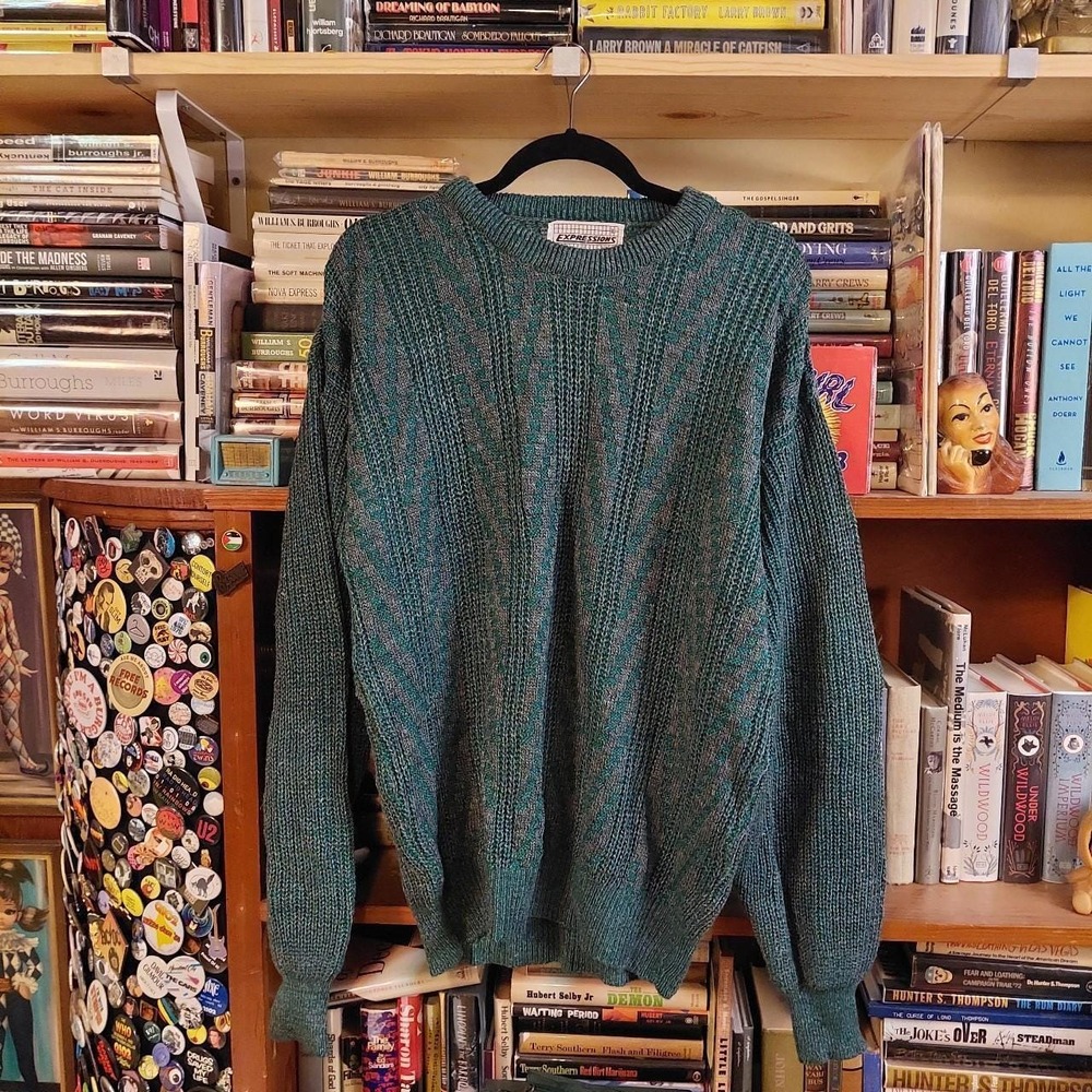 Vintage 80s Expressions Teal Grey Chunky Knit Sweater Large Crewneck Pullover